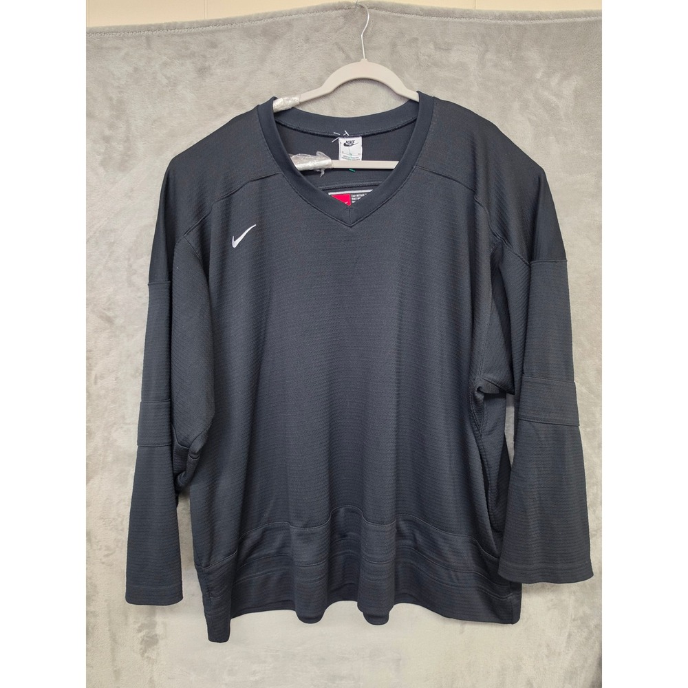 Nike Authentics Men XL Black Hockey Jersey V-Neck Long Sleeve Swoosh Logo